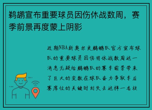 鹈鹕宣布重要球员因伤休战数周，赛季前景再度蒙上阴影